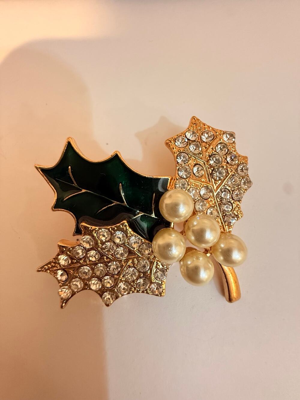 Vintage Holly Rhinestone Faux Pearl Christmas Brooch
